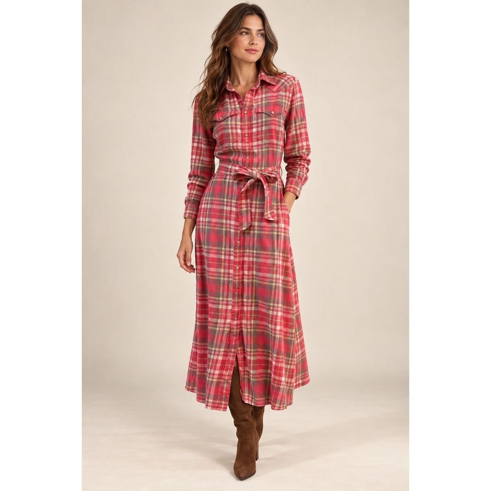 Polo Ralph Lauren Shirt Dress Womens 6 Pink Plaid Flannel Maxi Belted Western